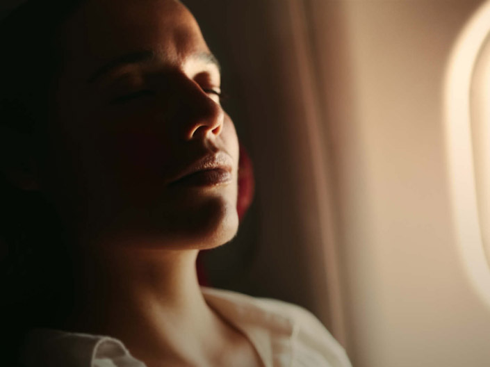 Image of a woman relaxing during her flight